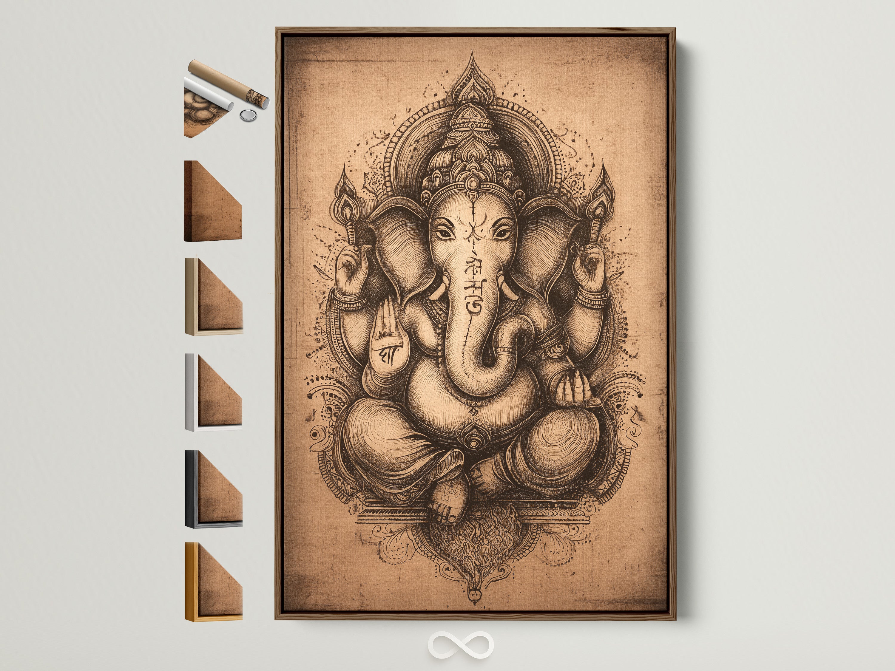 Ganesha Wall Art in a brown frame. This vintage Hindu canvas print features the spiritual Elephant God. See all frame options available on the side. Perfect spiritual artwork for a meditation room.