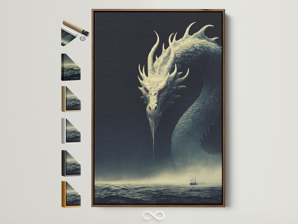 A dragon canvas print is displayed in a brown frame. See the different frame options available. Enhance your space with gothic wall art and fantasy decor. Perfect for living rooms and game rooms.