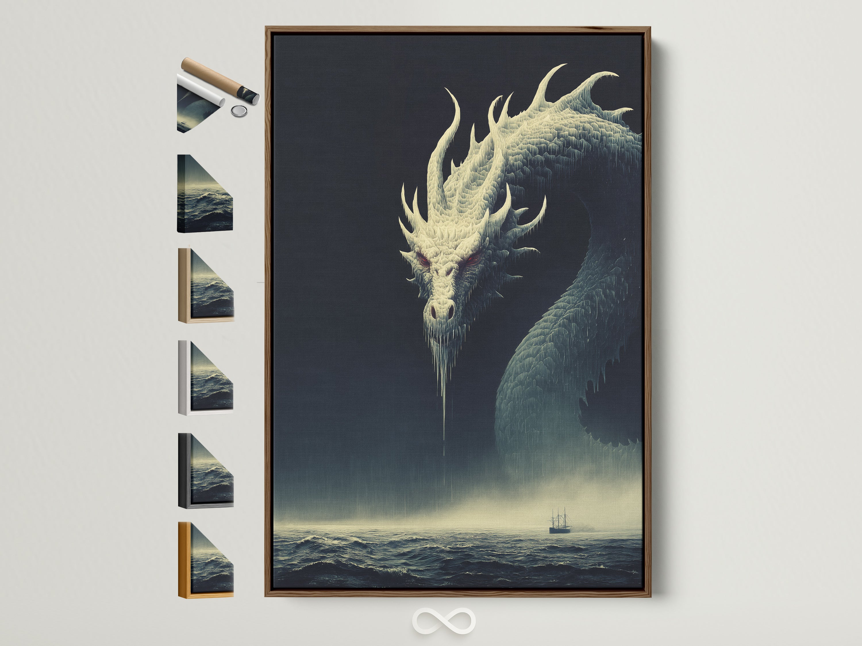 A dragon canvas print is displayed in a brown frame. See the different frame options available. Enhance your space with gothic wall art and fantasy decor. Perfect for living rooms and game rooms.