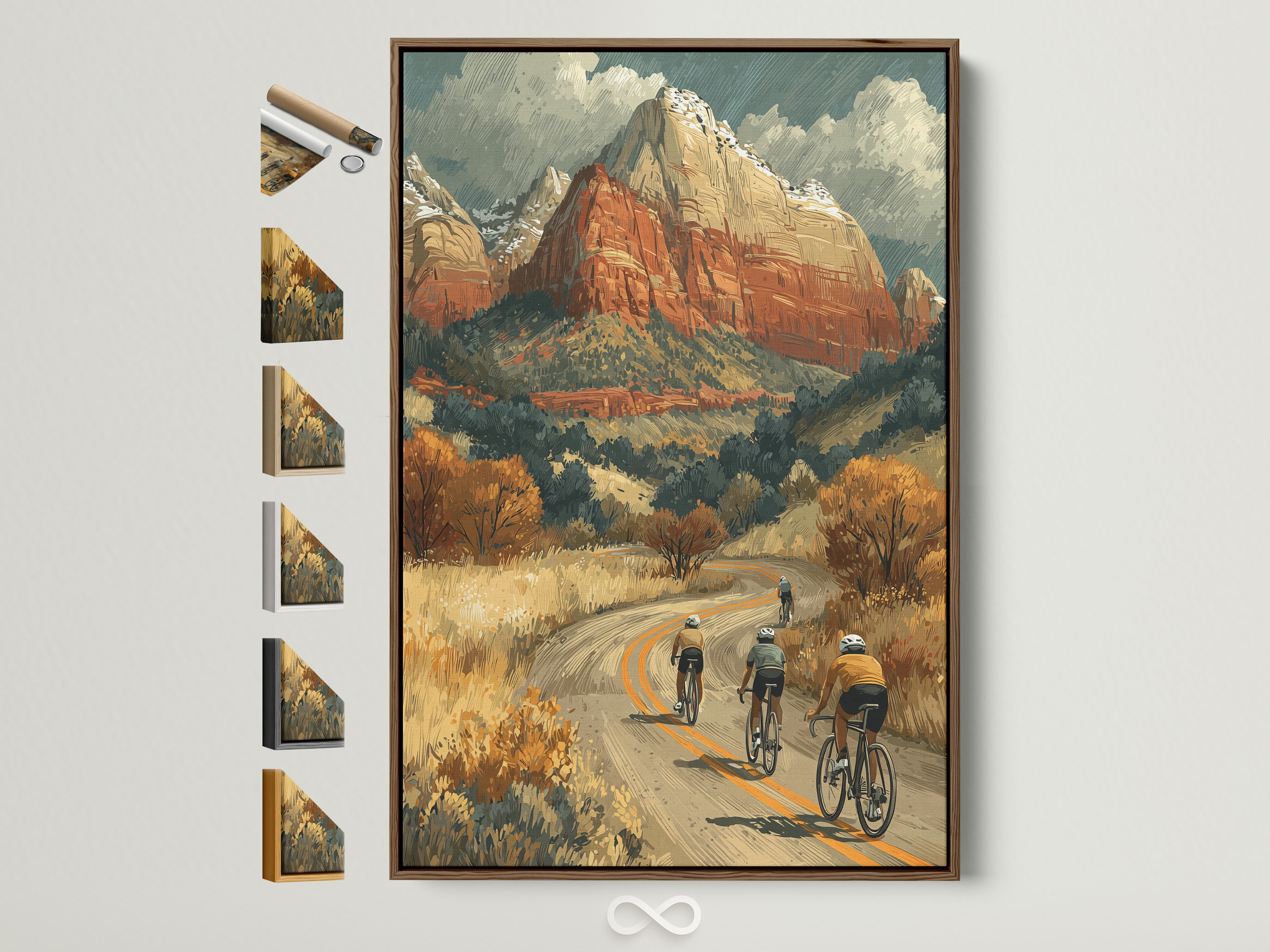 Cycling Mountain Canvas Print in a brown frame. See all frame options. The vintage adventure wall art is perfect for home or office decor. The artwork features cyclists on a desert landscape road. The style is mid-century. 
