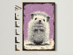 Framed artwork featuring a cute hedgehog is displayed. The brown frame surrounds the art print. Other frame options are visible showcasing available choices. It's a charming piece perfect for adding character to any room. Consider this framed artwork for a delightful touch.