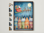 Charming Christmas Eve wall art featuring Santa's Flight. The artwork is displayed in a brown frame. Various frame options are showcased on the side. This festive artwork adds holiday cheer to any room. Perfect for kids' rooms or nurseries seeking a whimsical touch.