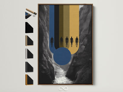 Abstract Figures Canvas Print in a brown frame. This modern geometric artwork features a mountain river scene. The frame options are displayed on the side. Ideal for office decor and contemporary art lovers.