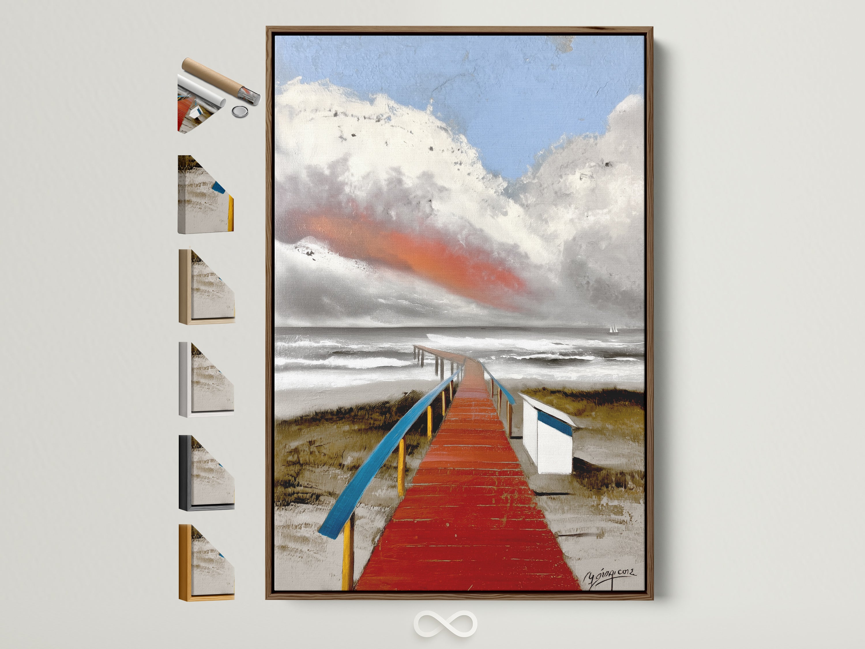 Coastal Wall Art with Red Boardwalk in a brown frame. A seascape painting brings a touch of the ocean to your living room or bedroom. The artwork captures a serene beach scene. Perfect for coastal and tropical themed home decor.