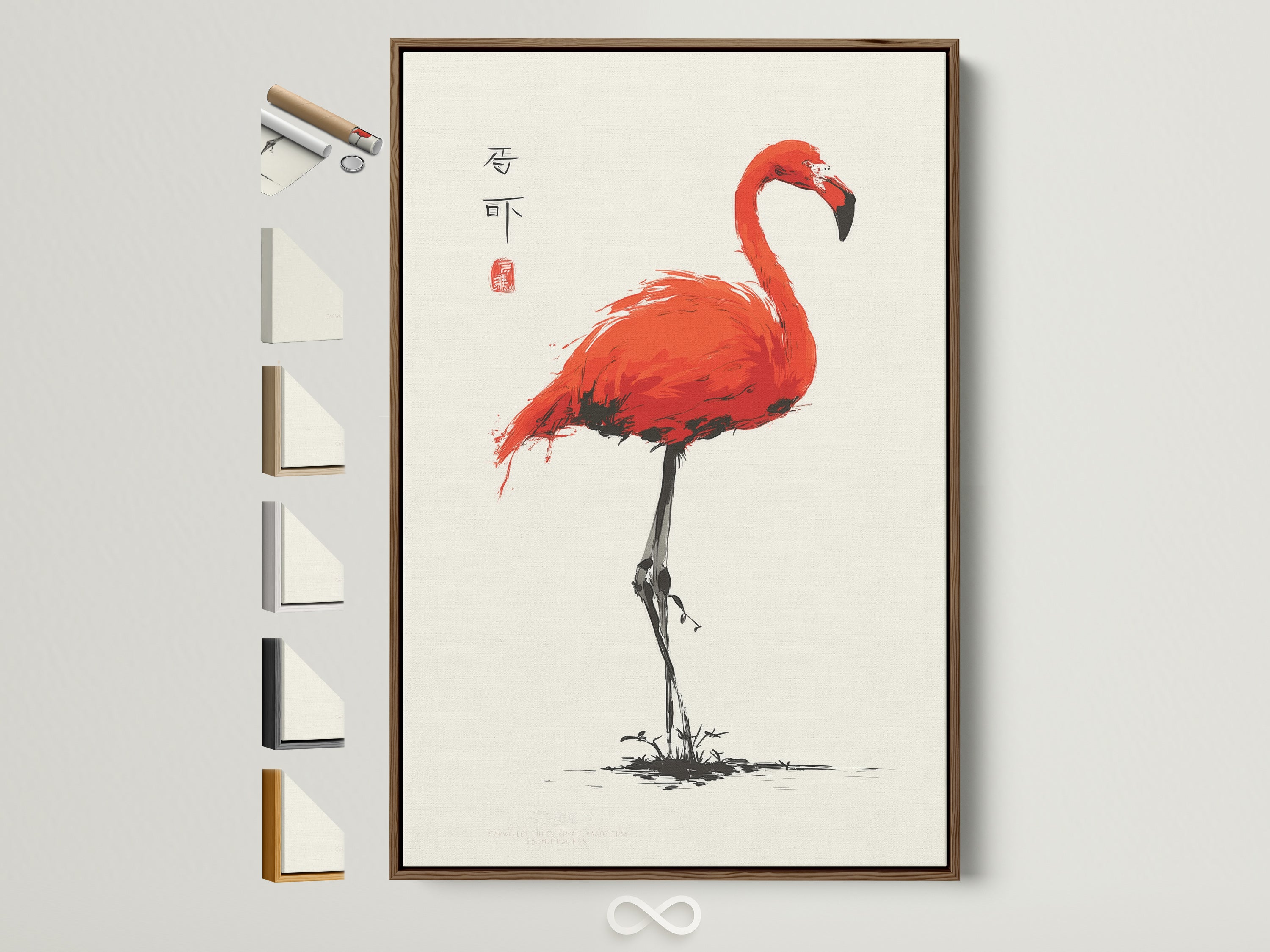 Framed flamingo artwork with a brown frame is displayed. The print features a vibrant red flamingo in an Asian style. Frame options are shown alongside it. It is perfect for study room decor. The artwork adds a touch of tropical elegance.