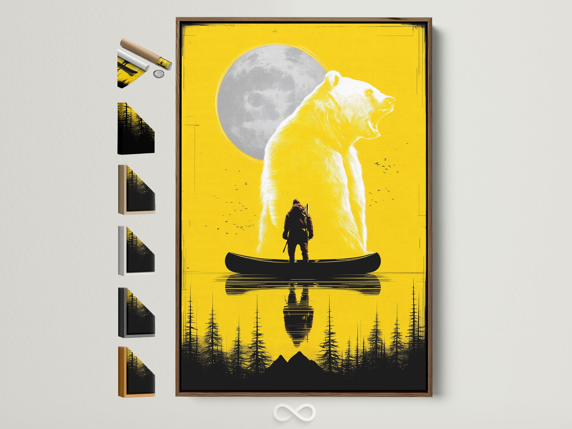 Grizzly Bear and Hunter Canoe Artwork. This striking yellow wildlife poster features a bear and a hunter in a canoe. It is displayed in a brown frame. Frame options are visible on the side. Perfect rustic wall art for a man cave or sportsman gift.