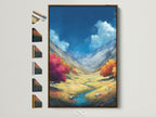 Mountain Valley Canvas Print in a Brown Frame. This artwork captures a scenic nature view. The autumn landscape features vibrant fall colors. It enhances home decor with a touch of mountain charm. Perfect for living rooms or cabins. It brings the beauty of nature indoors.
