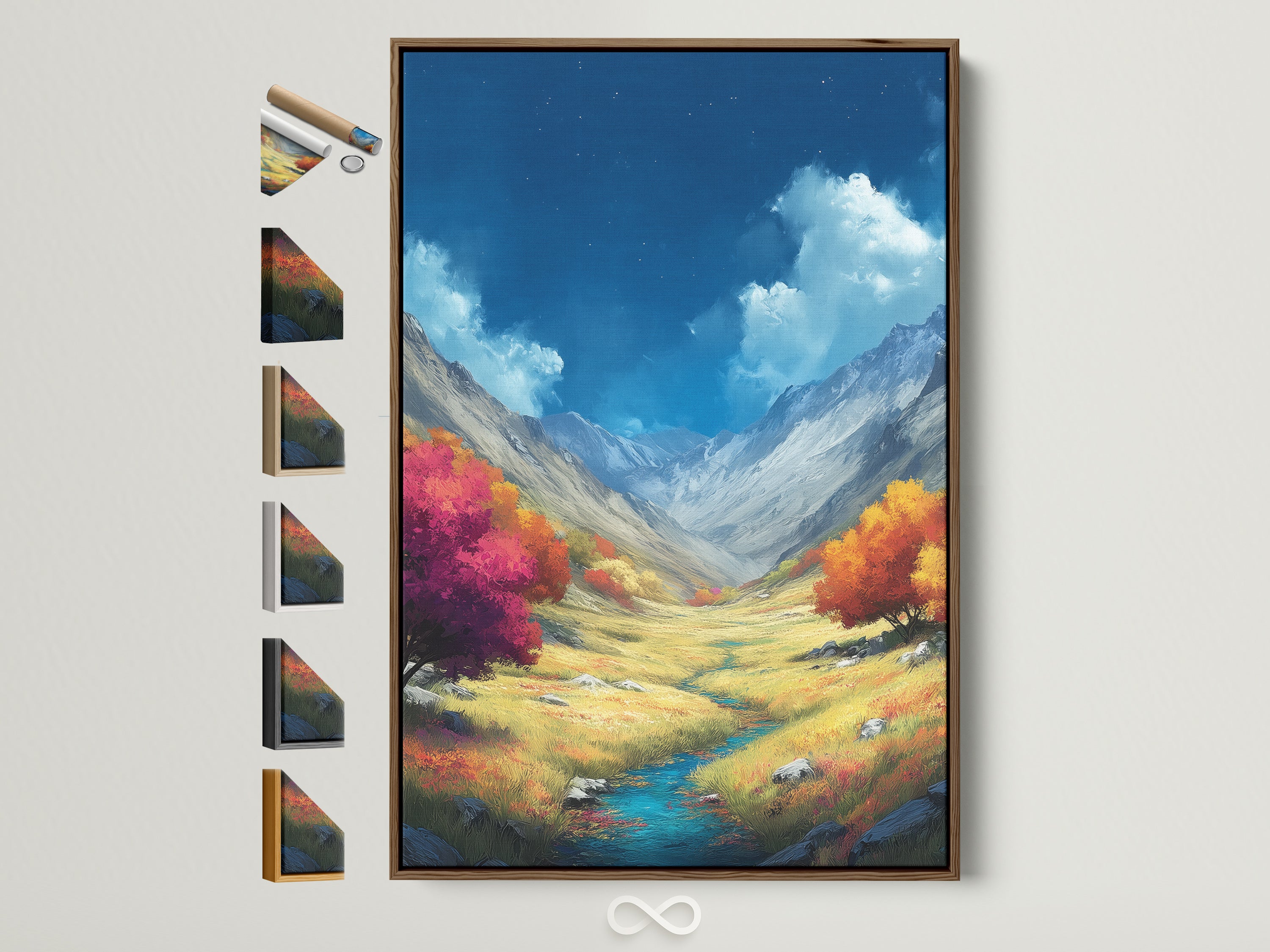 Mountain Valley Canvas Print in a Brown Frame. This artwork captures a scenic nature view. The autumn landscape features vibrant fall colors. It enhances home decor with a touch of mountain charm. Perfect for living rooms or cabins. It brings the beauty of nature indoors.
