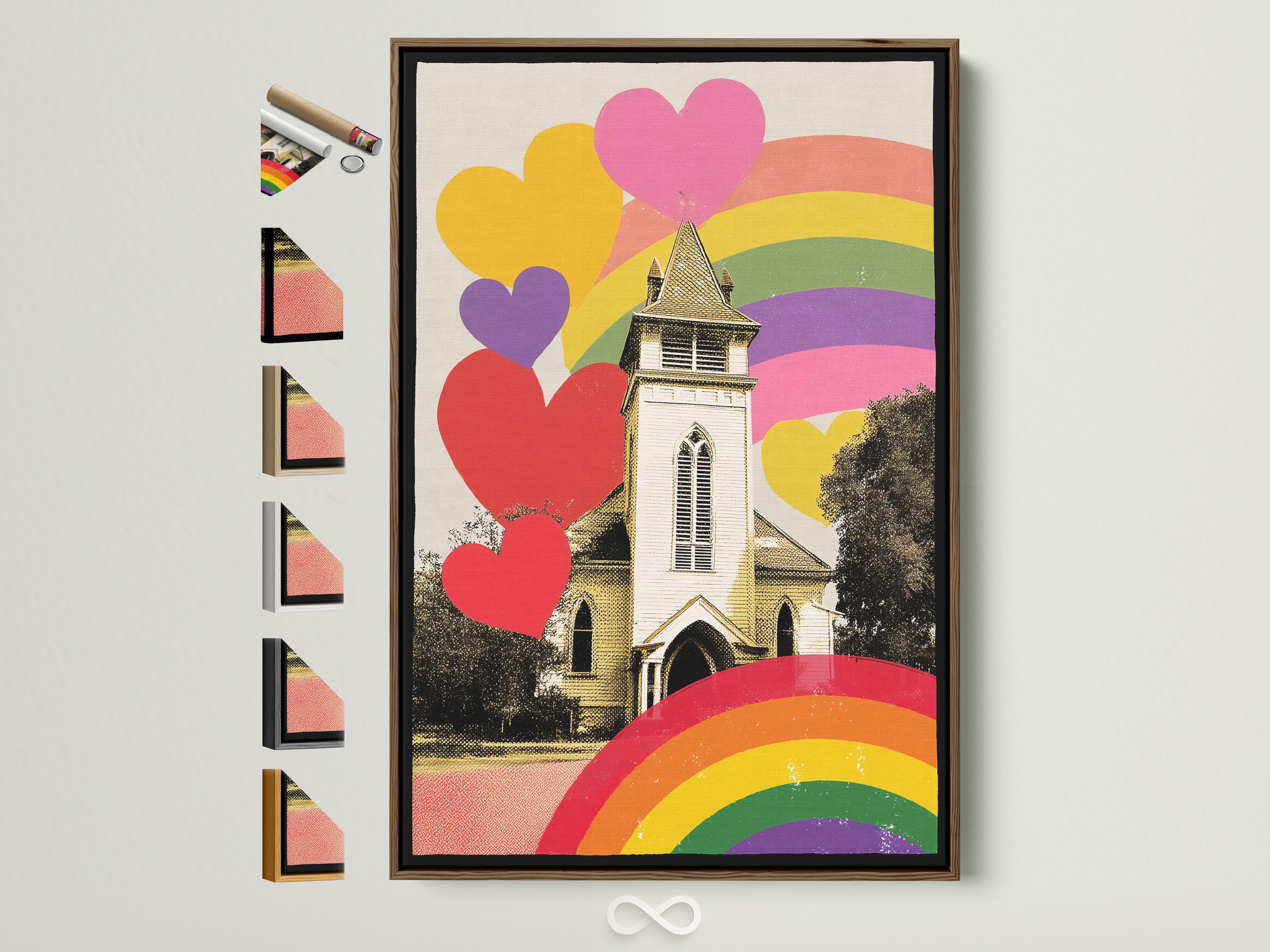 Artwork in a brown frame shows frame options available. The art features a church with hearts and rainbows. Discover framing choices for canvas or posters. Explore frame styles to perfectly complement your artwork. Consider oak white black or gold frames.