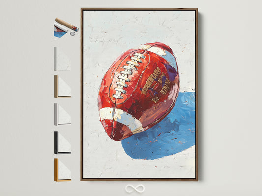 Elevate your space with football art. This canvas print features a painted style artwork of a football. The artwork is framed in a brown frame. Find all frame options to match your style. Ideal sports wall art for a man cave or game room decor. A unique gift for athletes coaches and football fans.