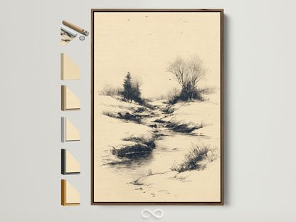 Ink-style landscape print in soft beige and charcoal tones