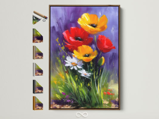 A vibrant floral artwork featuring red yellow and white flowers set against a purple backdrop is showcased in a brown frame. Explore various frame options to perfectly complement your art.