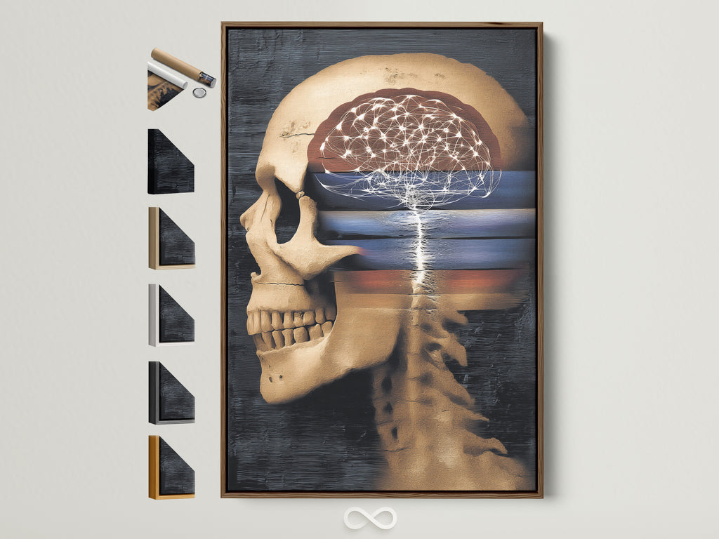 Surreal skull art print featuring an anatomical brain. This gothic medical poster is framed in a brown frame. See all available frame options displayed on the side. Perfect for office or study room decor. Add a touch of dark academia to your space with this unique skull artwork.