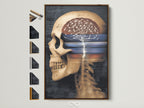Surreal skull art print featuring an anatomical brain. This gothic medical poster is framed in a brown frame. See all available frame options displayed on the side. Perfect for office or study room decor. Add a touch of dark academia to your space with this unique skull artwork.