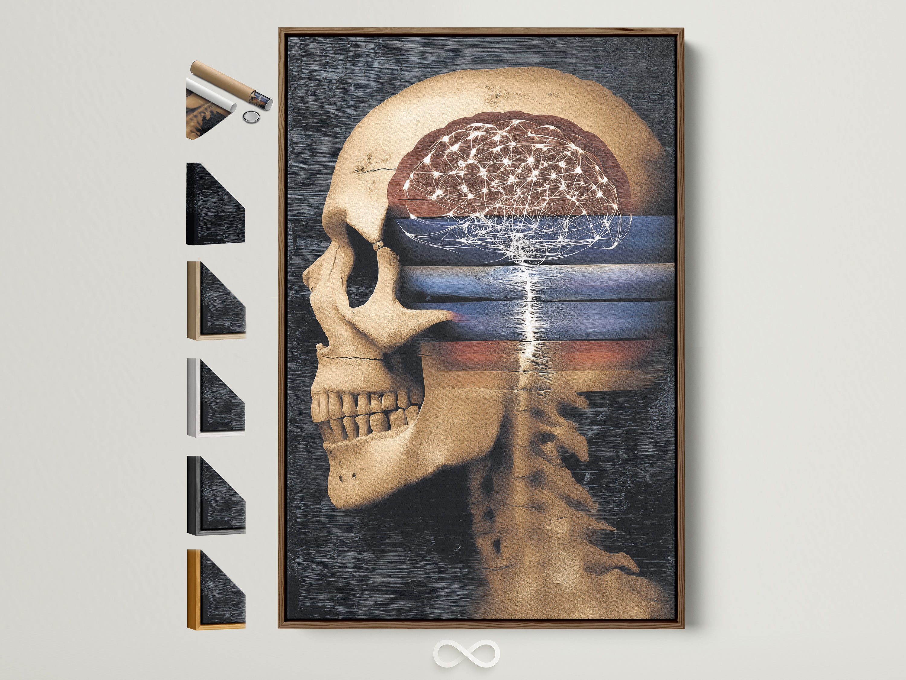 Surreal skull art print featuring an anatomical brain. This gothic medical poster is framed in a brown frame. See all available frame options displayed on the side. Perfect for office or study room decor. Add a touch of dark academia to your space with this unique skull artwork.