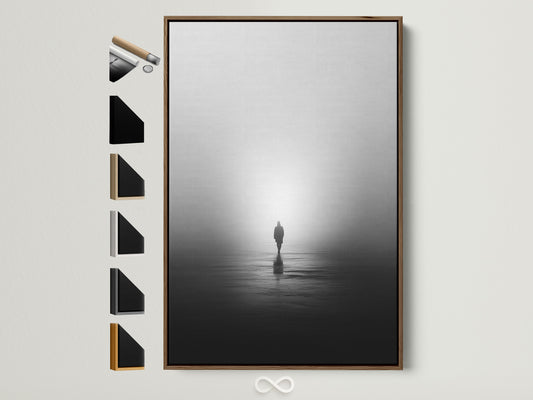 A minimalist solitude canvas print is displayed in a brown frame. The artwork shows a foggy water reflection. Several frame choices are presented. Perfect for minimalist decor in homes or offices.