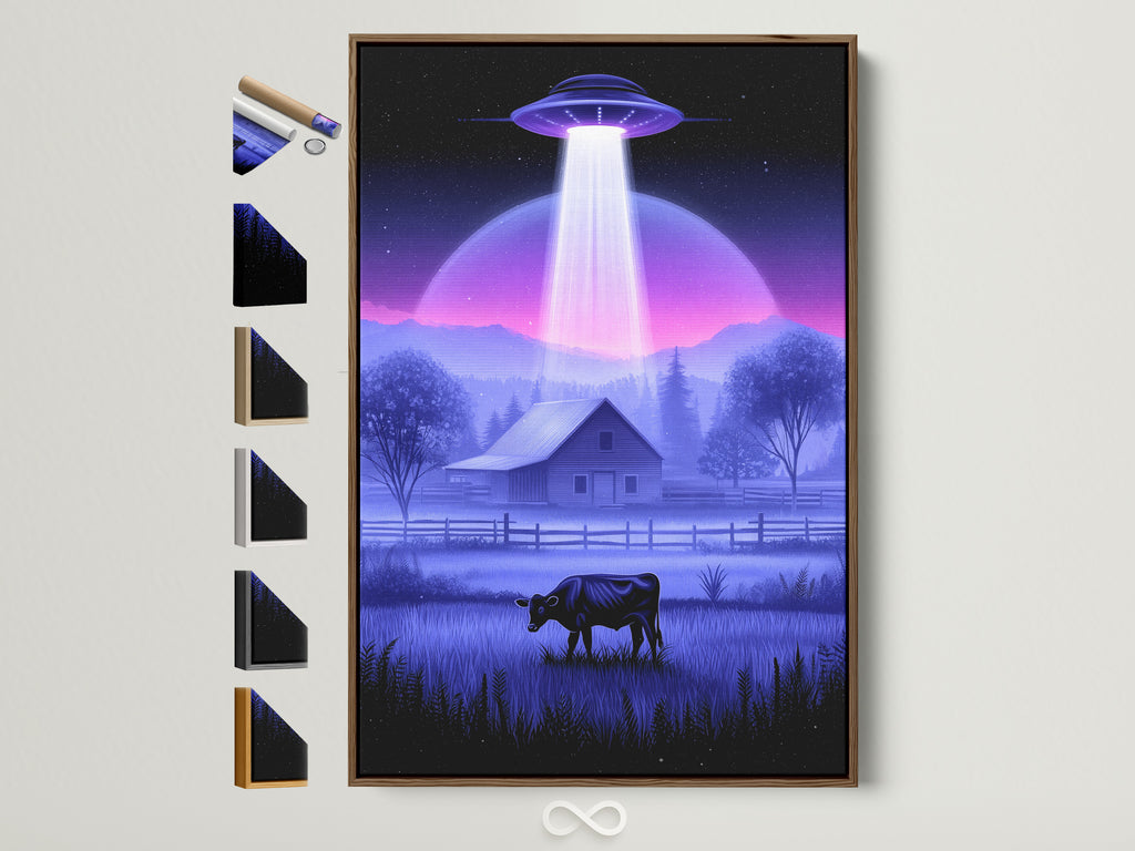A framed UFO Abduction artwork is displayed. The brown frame complements the Sci-Fi landscape. All frame options are visible. This artwork brings extraterrestrial art to your space. It's perfect for adding a unique touch to any room. Consider this cosmic print for your farmhouse art collection.