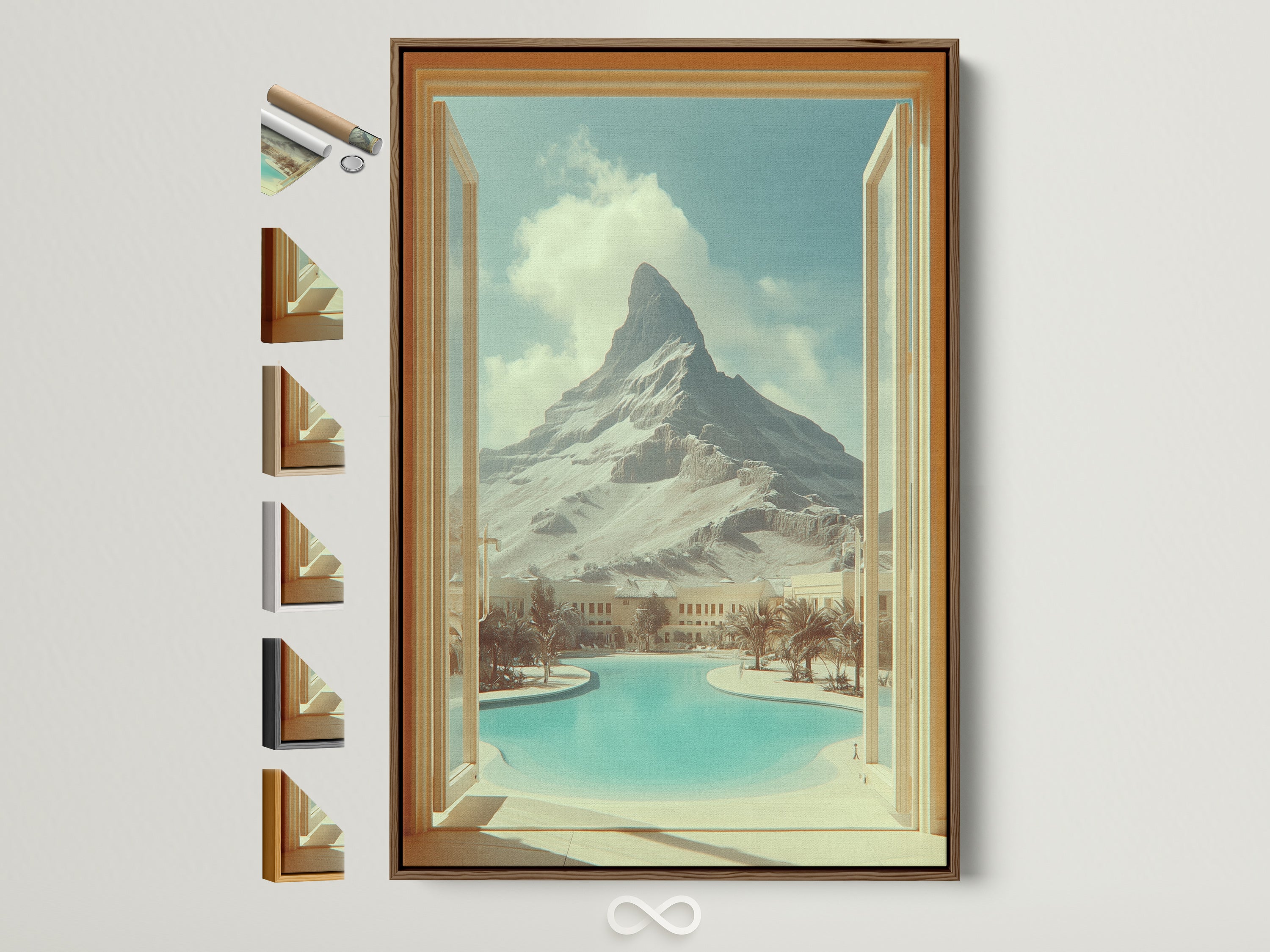 Brown frame with all frame options displayed. This mountain view artwork brings vacation vibes to any room. An open window reveals a desert oasis. The art is perfect for home wall decor or a travel print. Elevate your space with scenic artwork.