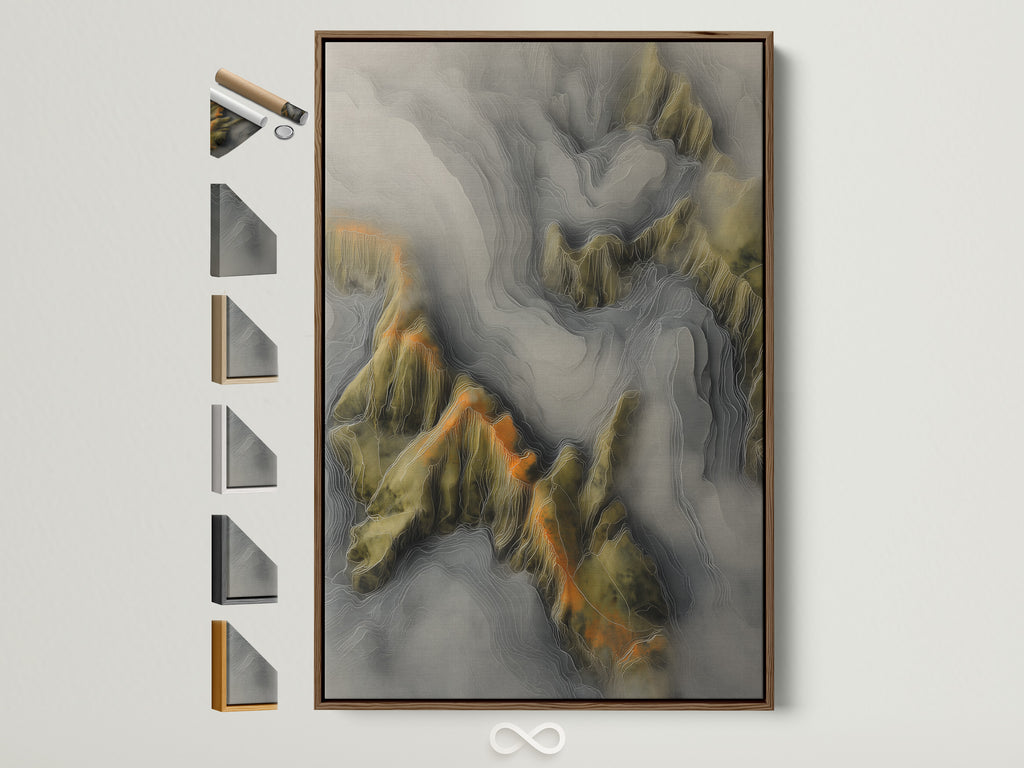 Brown frame art. The artwork features a topographical map with intricate details. All frame options are displayed on the side. This allows customers to visualize the different framing choices available. It helps them make an informed decision.