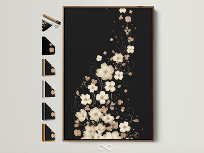 Floral canvas print with a brown frame. Various frame options are displayed on the side. It shows available choices for this beige flower wall art. Perfect botanical artwork for your bedroom with neutral tone home decor.