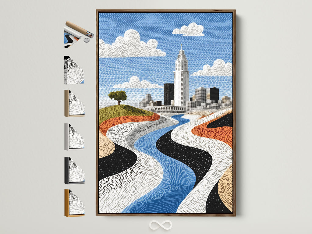 Modern city skyline artwork with a river landscape. The artwork is framed in a brown frame. View all frame options to find the perfect fit. It is sophisticated wall art for any room.