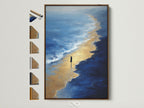 Beach Walk artwork with a brown frame. Various frame options are displayed along the side. This coastal wall art features calming ocean waves. It's perfect for minimalist bedroom decor. The artwork captures a serene seascape.