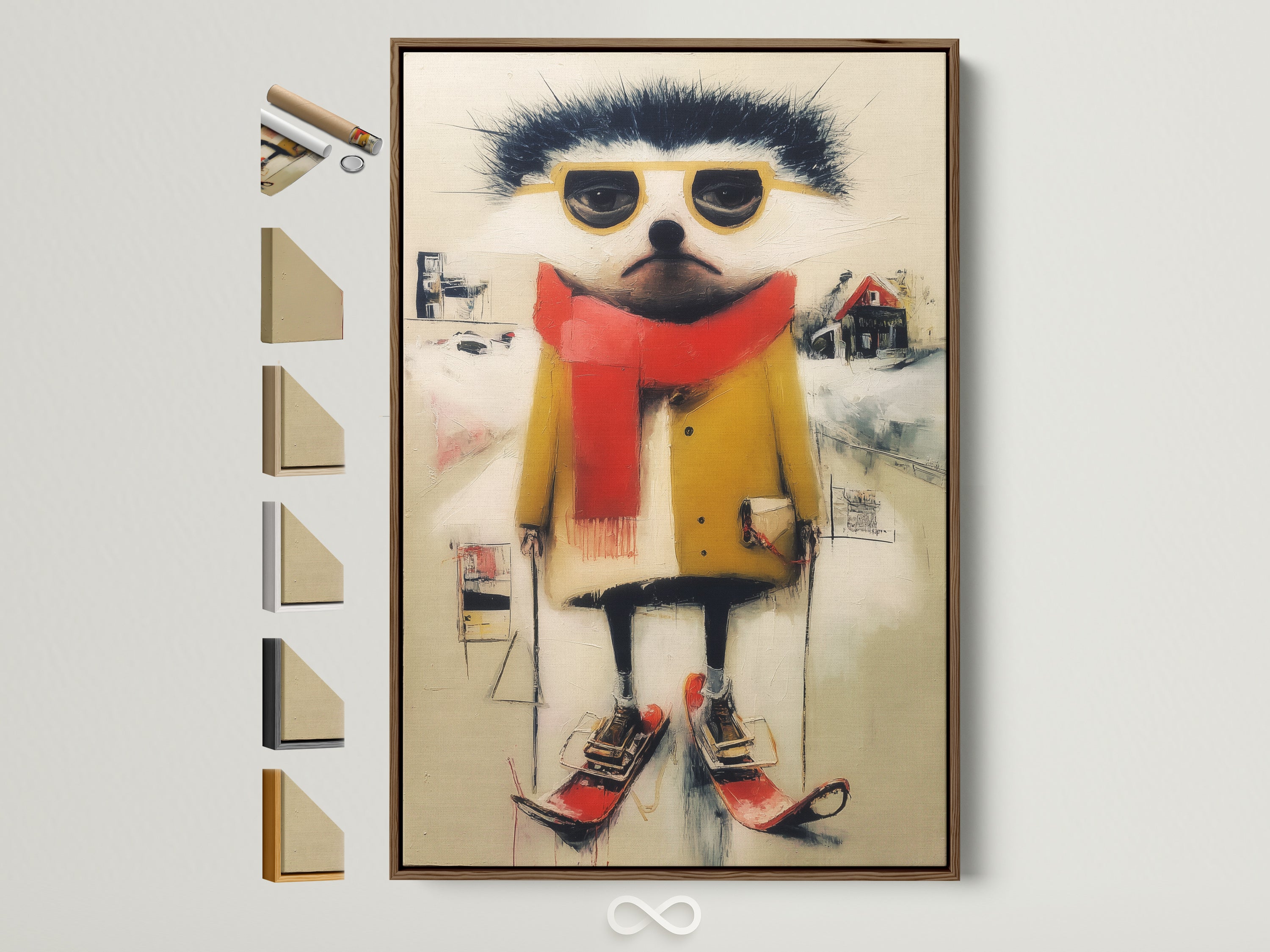 Brown frame showcasing quirky ski animal artwork. This whimsical winter wall art adds a playful vibe to any room. Explore frame options for your contemporary folk art print. Perfect for kids' rooms and nurseries