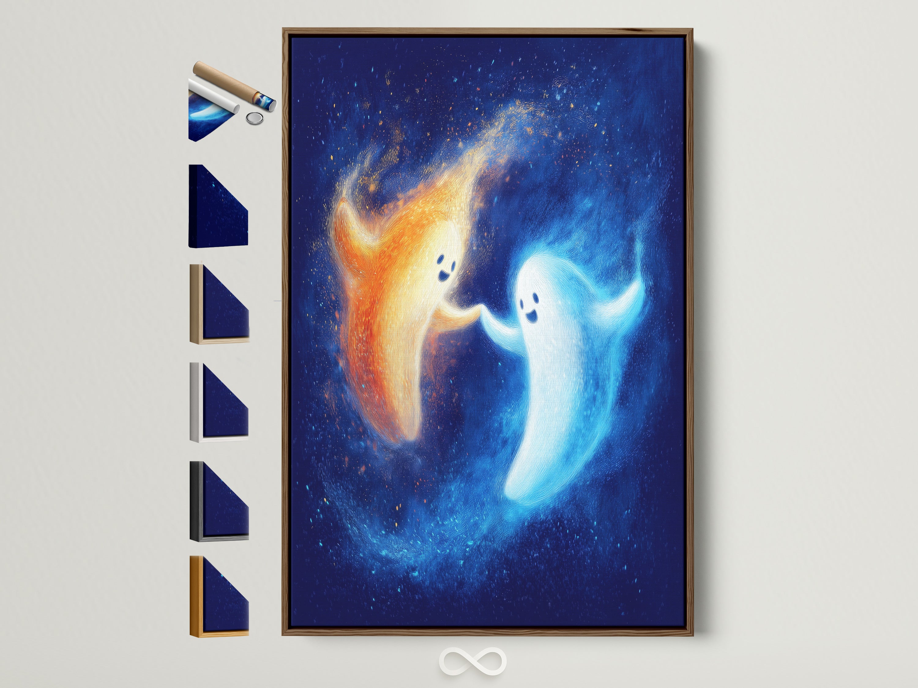 A cute ghost artwork is displayed in a brown frame. Other frame color options are showcased beside it. This playful art is perfect for kids' room decor. The whimsical print adds a cheerful touch to any space. It's ideal for nurseries and play areas. The spirit artwork brings fantasy to children art. Orange and blue hues create a comforting atmosphere.