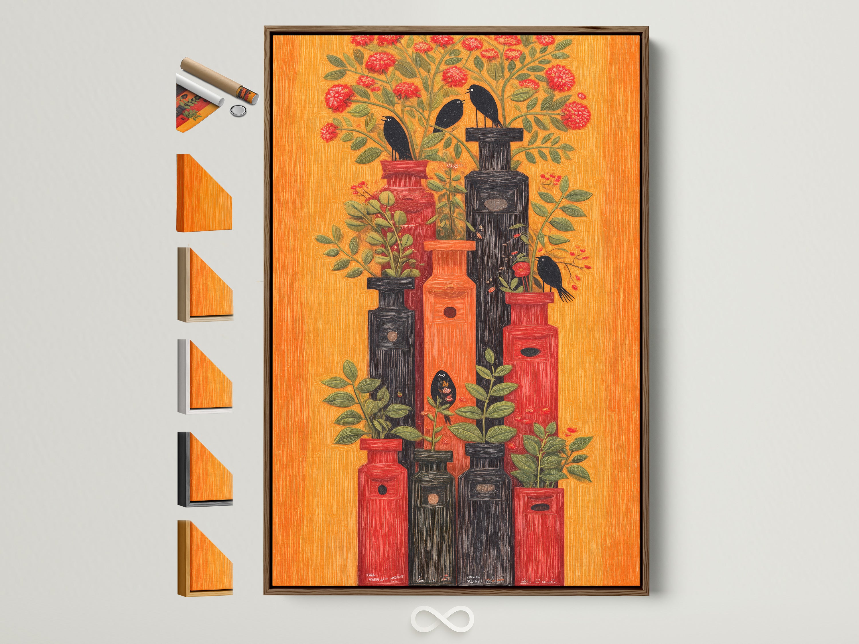 Botanical Birds Canvas Print in a brown frame. This retro floral wall art features an orange and red birdhouse artwork. Perfect eclectic decor for an office lounge or living room. See all frame options available.