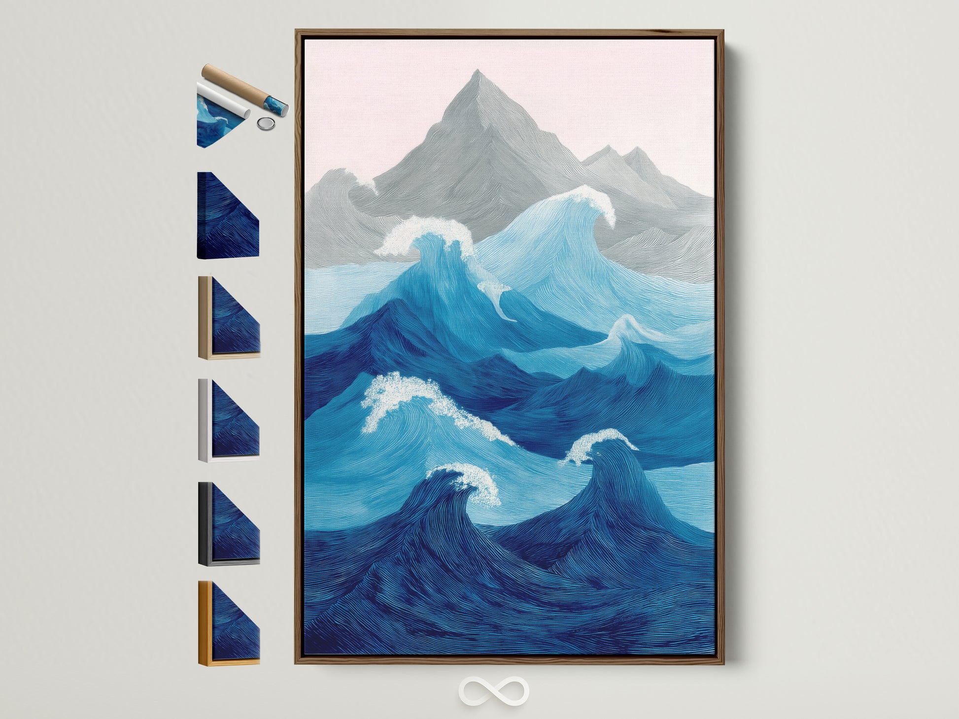 A captivating ocean wave artwork is framed in a natural brown wood. Frame options are displayed. It shows the variety of choices available. Perfect for coastal themed decor. The artwork adds a touch of elegance to any room. Consider this beautiful piece for your home or office. Enjoy the calming effect of the ocean waves