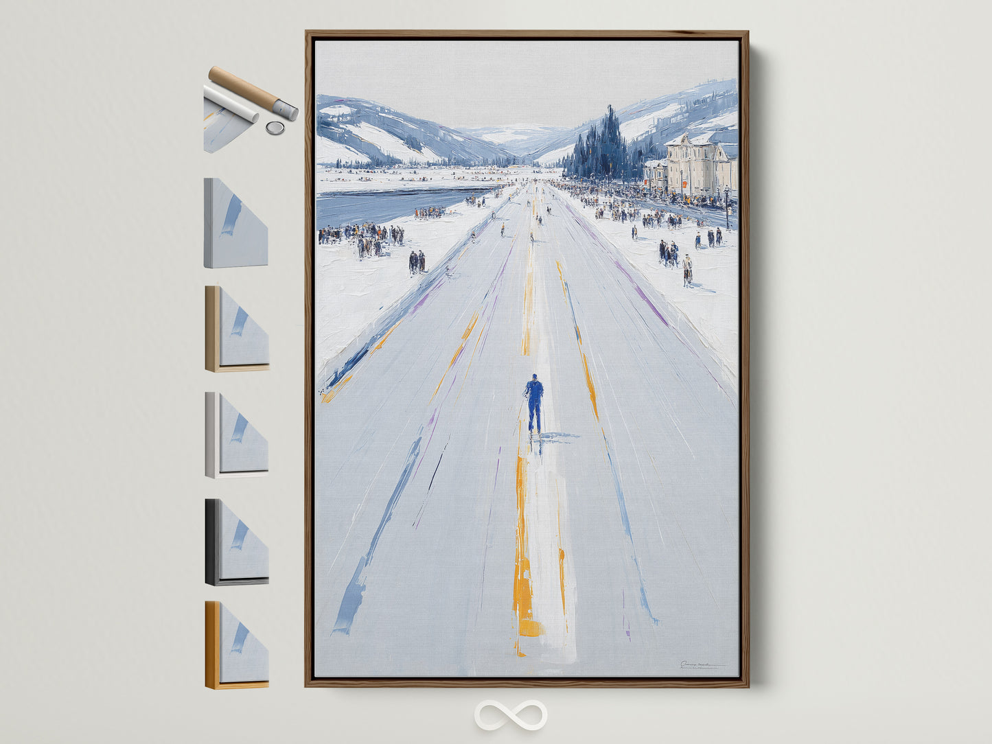 Winter Cityscape artwork in a brown frame hangs on a white wall. Several frame options are displayed beside it. This cool-toned minimalist art enhances living rooms bedrooms offices studios lobbies clinics cafés and boardrooms. Elevate your decor with this snowy street print.