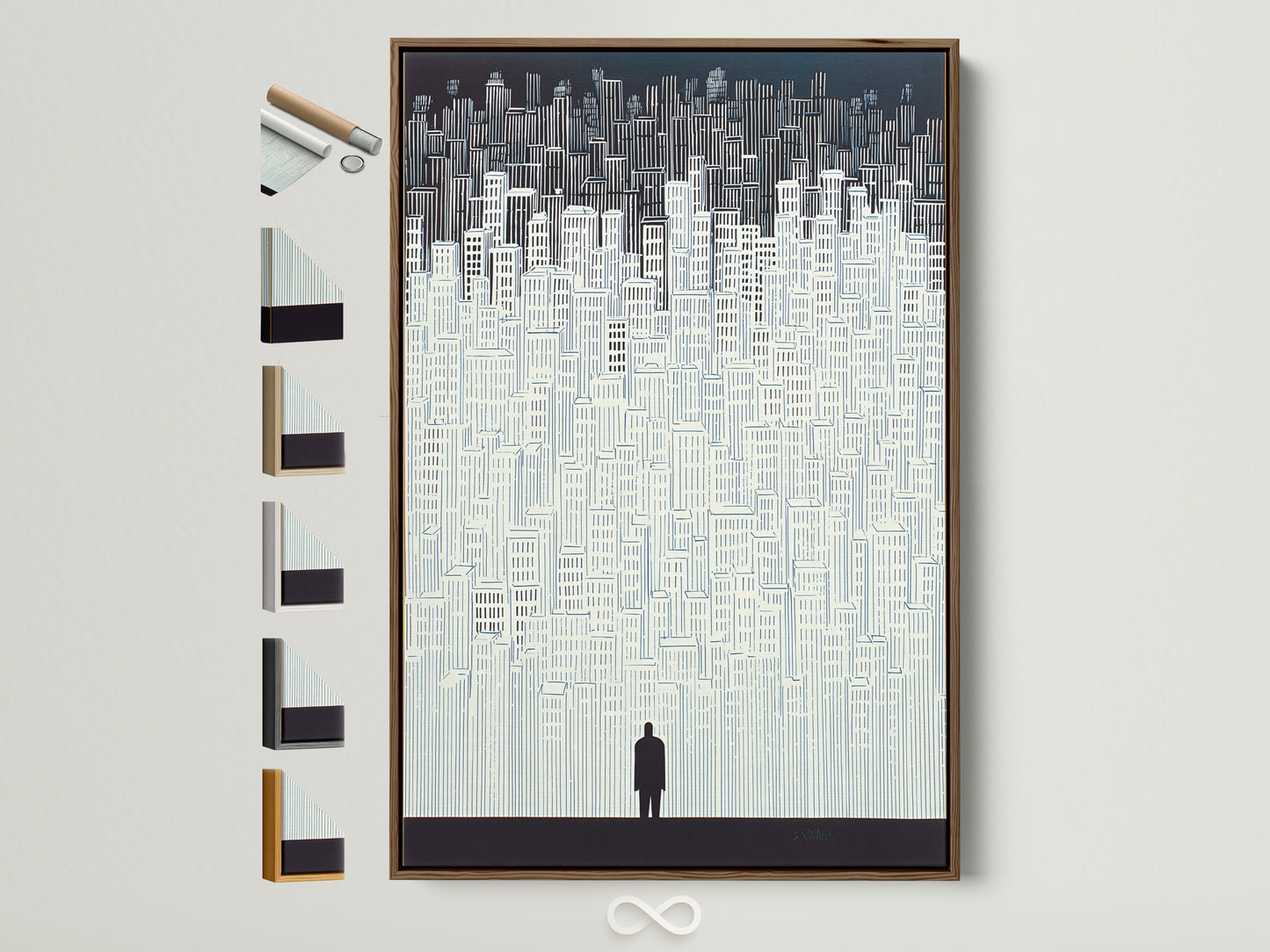 A cityscape artwork is displayed in a brown frame. Several frame options are showcased on the side. Perfect for adding a modern touch to any room. This minimalist building wall art complements urban decor beautifully. Elevate your space with this striking silhouette print.