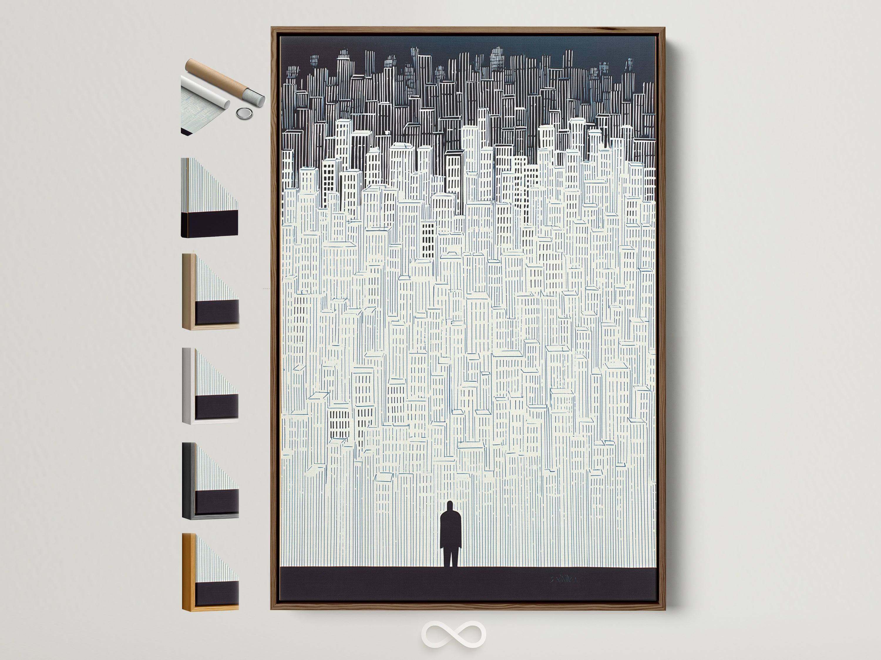 A cityscape artwork is displayed in a brown frame. Several frame options are showcased on the side. Perfect for adding a modern touch to any room. This minimalist building wall art complements urban decor beautifully. Elevate your space with this striking silhouette print.