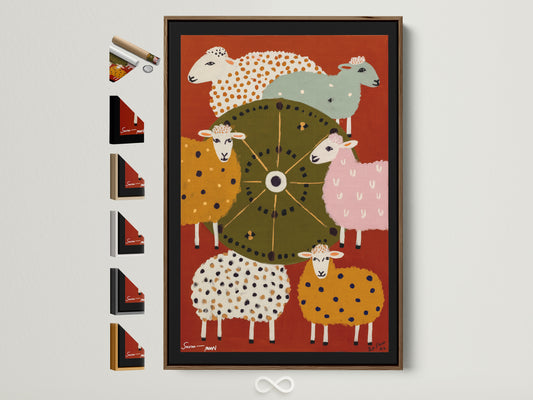 Framed colorful sheep folk art print in a brown frame. See all frame options available to customize your artwork. Perfect for adding a whimsical touch to your nursery or kitchen wall. This folk art print brings a rustic charm to any room with its playful farm animal art.