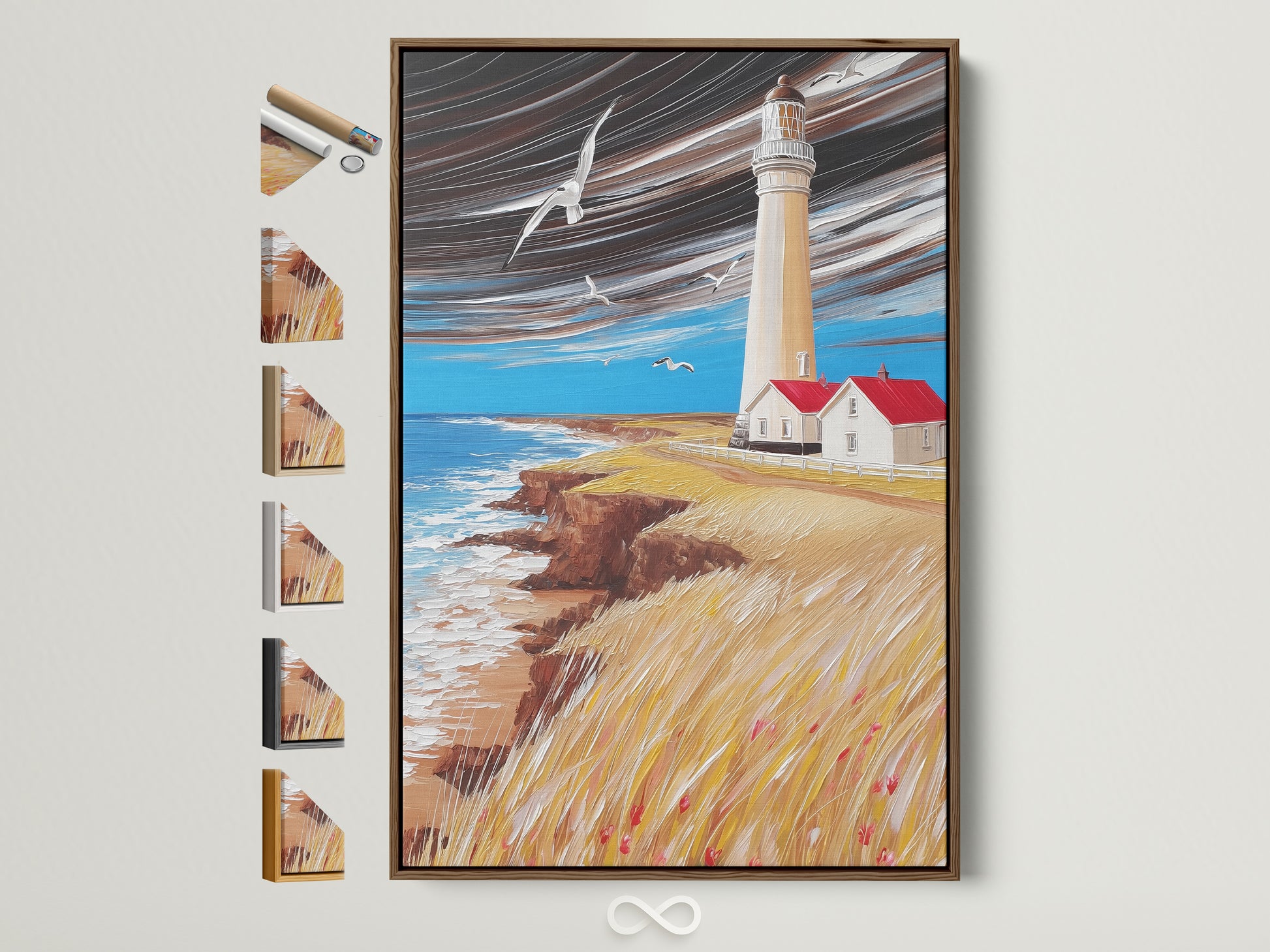 Lighthouse canvas artwork with various frame options displayed. A brown frame surrounds a coastal scene. Perfect nautical seascape painting for beach house wall decor. Explore all frame styles.