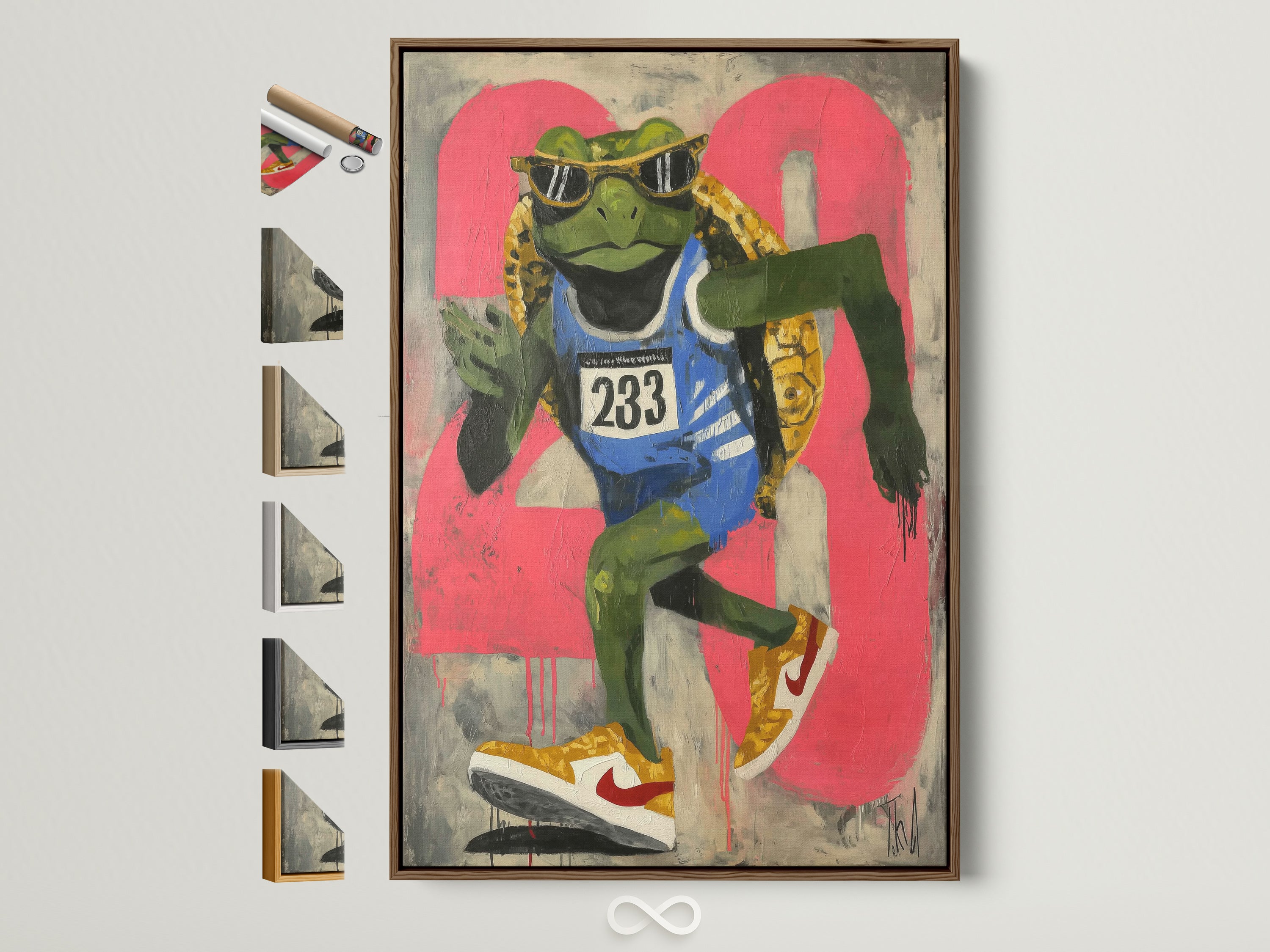 Cool Frog Runner framed art print with a brown frame is on display. Other frame options are showcased on the side. This urban street art canvas adds a unique touch. Perfect teen room decor and fitness motivation. Retro sports wall art for boutique art studios lobbies cafes and sports-themed rooms.