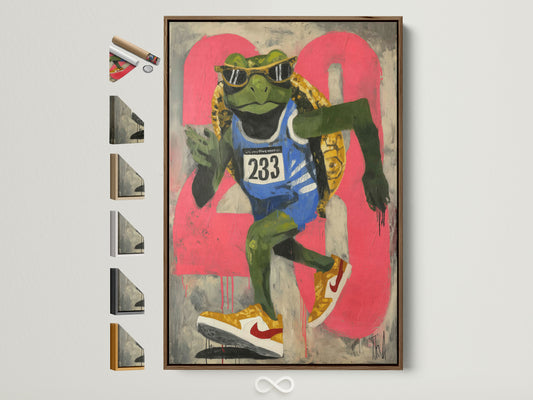 Cool Frog Runner framed art print with a brown frame is on display. Other frame options are showcased on the side. This urban street art canvas adds a unique touch. Perfect teen room decor and fitness motivation. Retro sports wall art for boutique art studios lobbies cafes and sports-themed rooms.