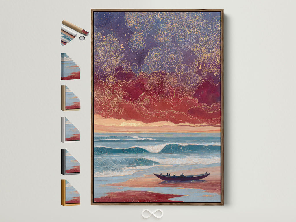 Seascape canvas print with a dreamy sunset beach scene. The artwork is framed in a brown frame. Frame options are visible on the side. Perfect coastal waves artwork for bedroom decor. Bring the ocean to your walls with this dreamy seascape.