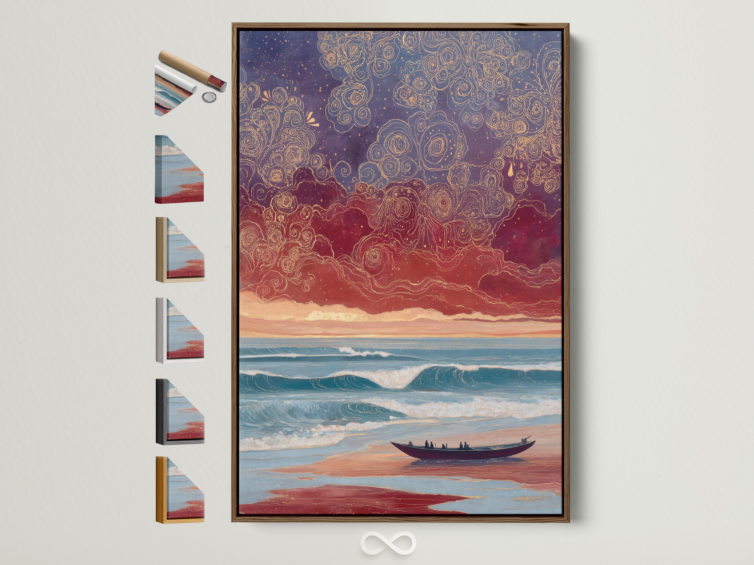 Seascape canvas print with a dreamy sunset beach scene. The artwork is framed in a brown frame. Frame options are visible on the side. Perfect coastal waves artwork for bedroom decor. Bring the ocean to your walls with this dreamy seascape.