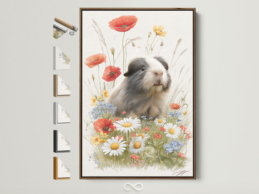 Framed artwork featuring a charming guinea pig amidst a field of colorful flowers. The art is encased in a brown frame. It is displayed with all available frame options presented alongside it. This setup allows for easy comparison and selection.