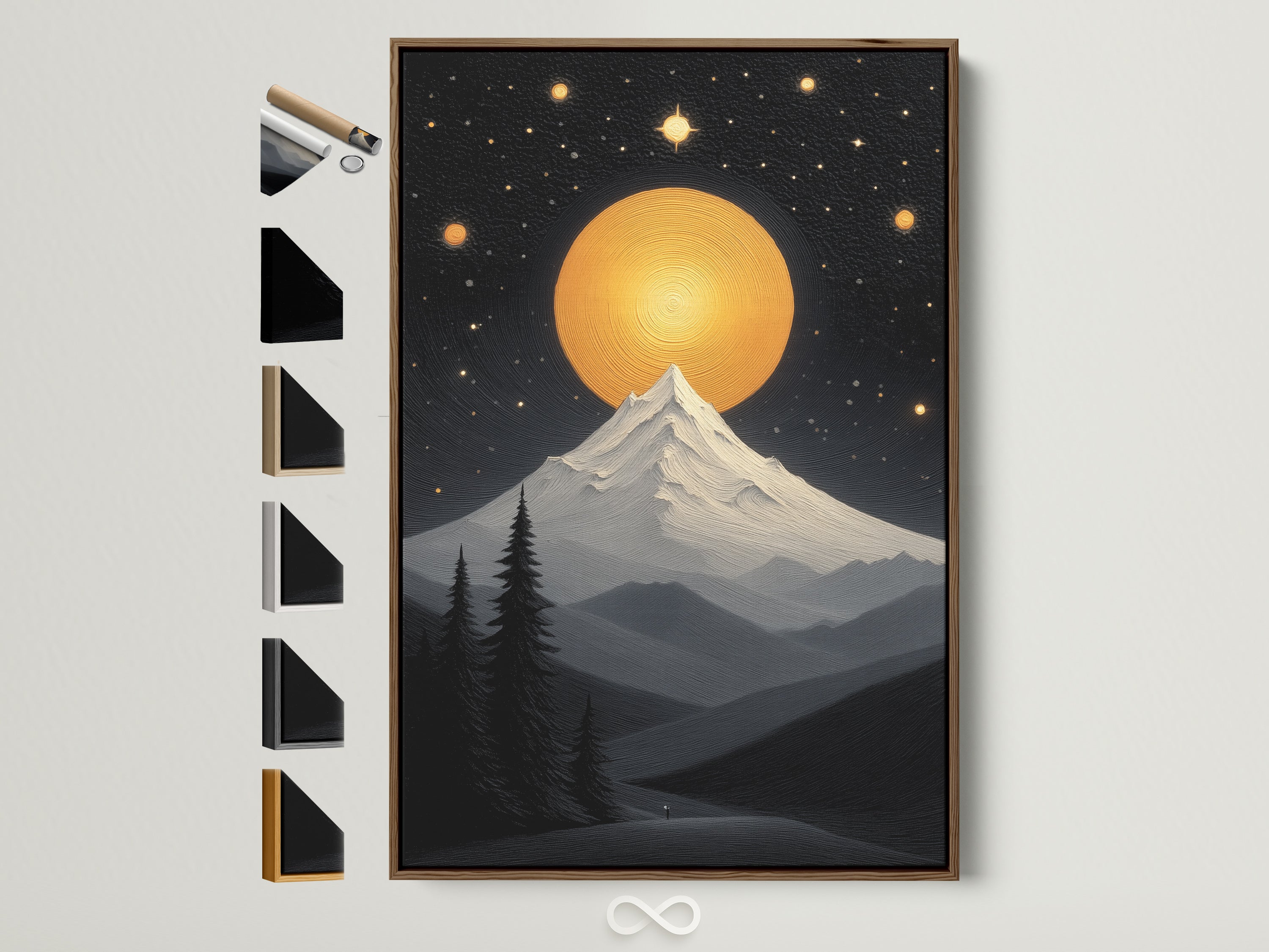 Modern mountain moon canvas print framed in a brown frame. The artwork features a celestial landscape poster perfect for bedroom wall decor. Explore frame options for this cosmic mountain night sky art piece. It's ideal for minimalist and contemporary styles