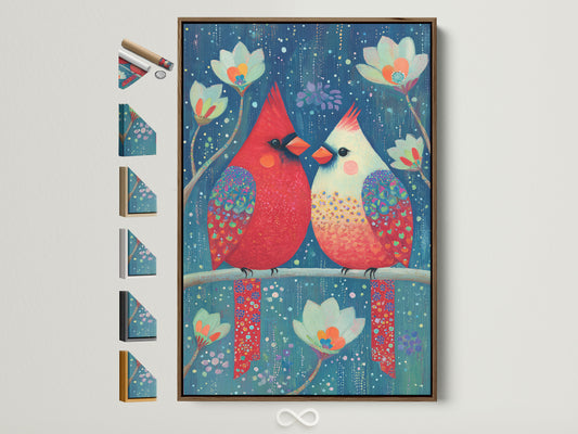 A vibrant cardinal bird artwork is displayed in a brown frame. Explore frame options for this whimsical wall art. Find the perfect frame to complement colorful home art. Elevate your bedroom decor with this avian art print. Discover nature art prints for bird lovers.
