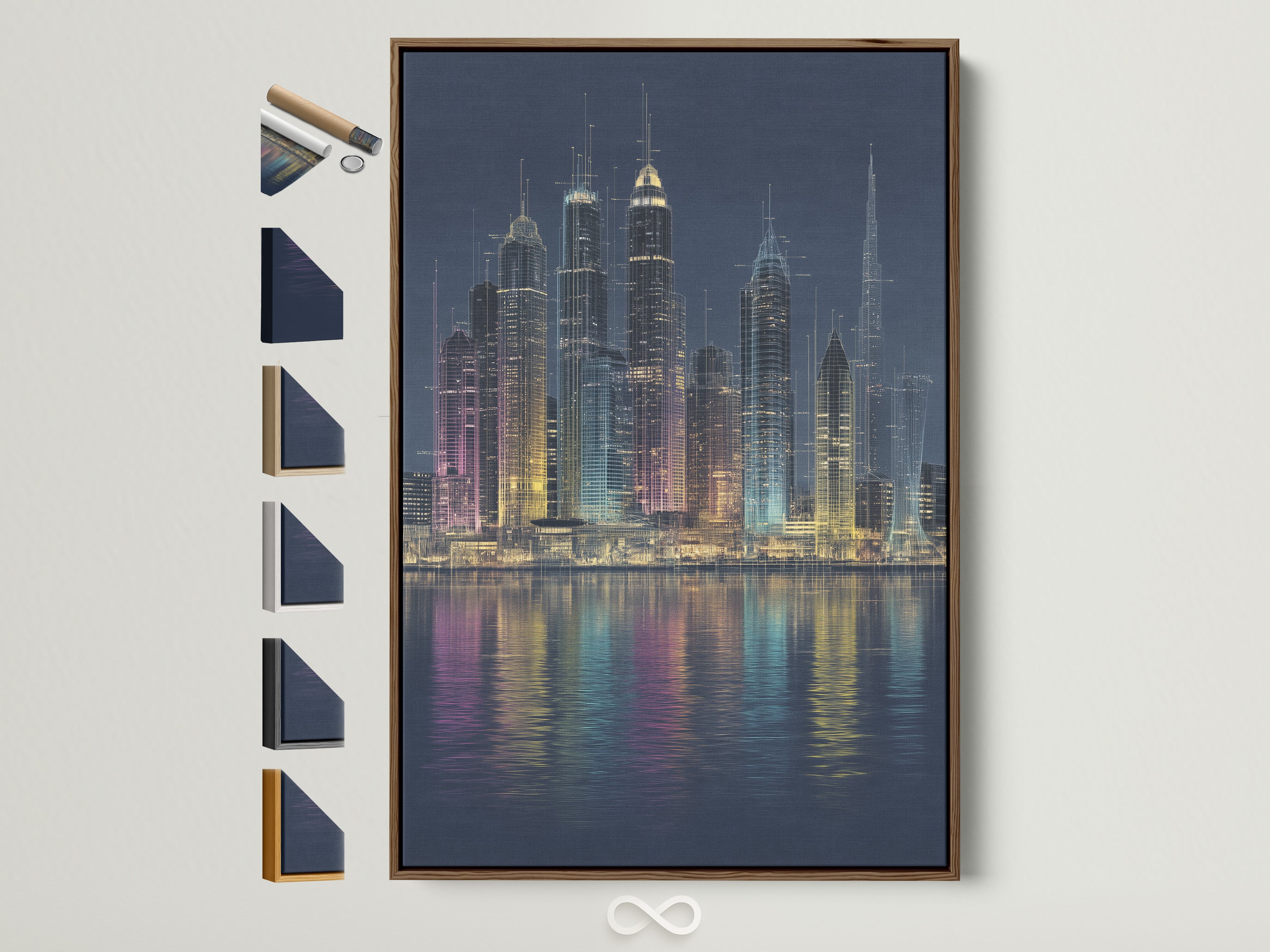 A captivating city skyline artwork framed in brown. See all frame color options available. This modern urban wall art features a cityscape reflection. Perfect for adding a touch of metropolitan elegance to any space. Ideal for modern minimalist or industrial styles. Elevate your office wall decor or living room art.