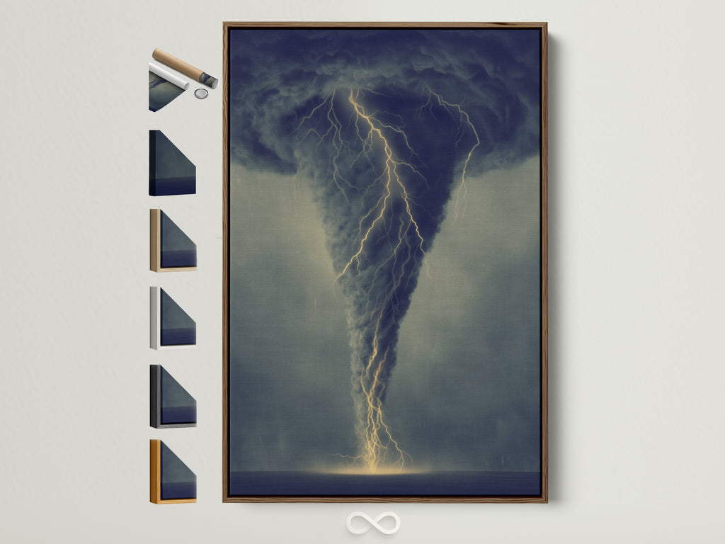 Dramatic tornado art in a warm brown frame. See all available frame options. This lightning storm artwork adds a moody touch to any office. The frame enhances the dark academia aesthetic. Perfect for minimalist or eclectic styles