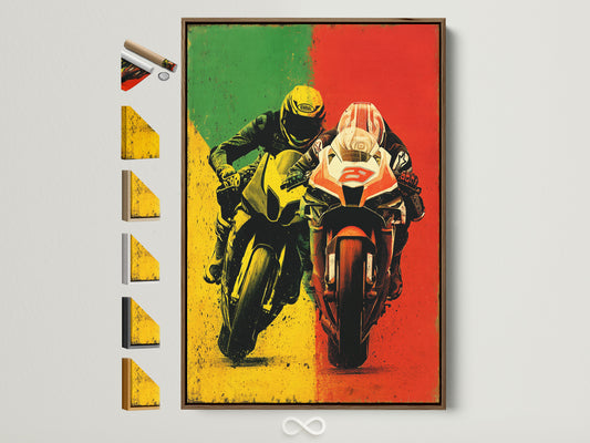 Motorcycle racing artwork with a brown frame and options displayed. See vintage sports art perfect for a man cave or garage. The primary color is red. The secondary color is green. High-octane decor for enthusiasts.
