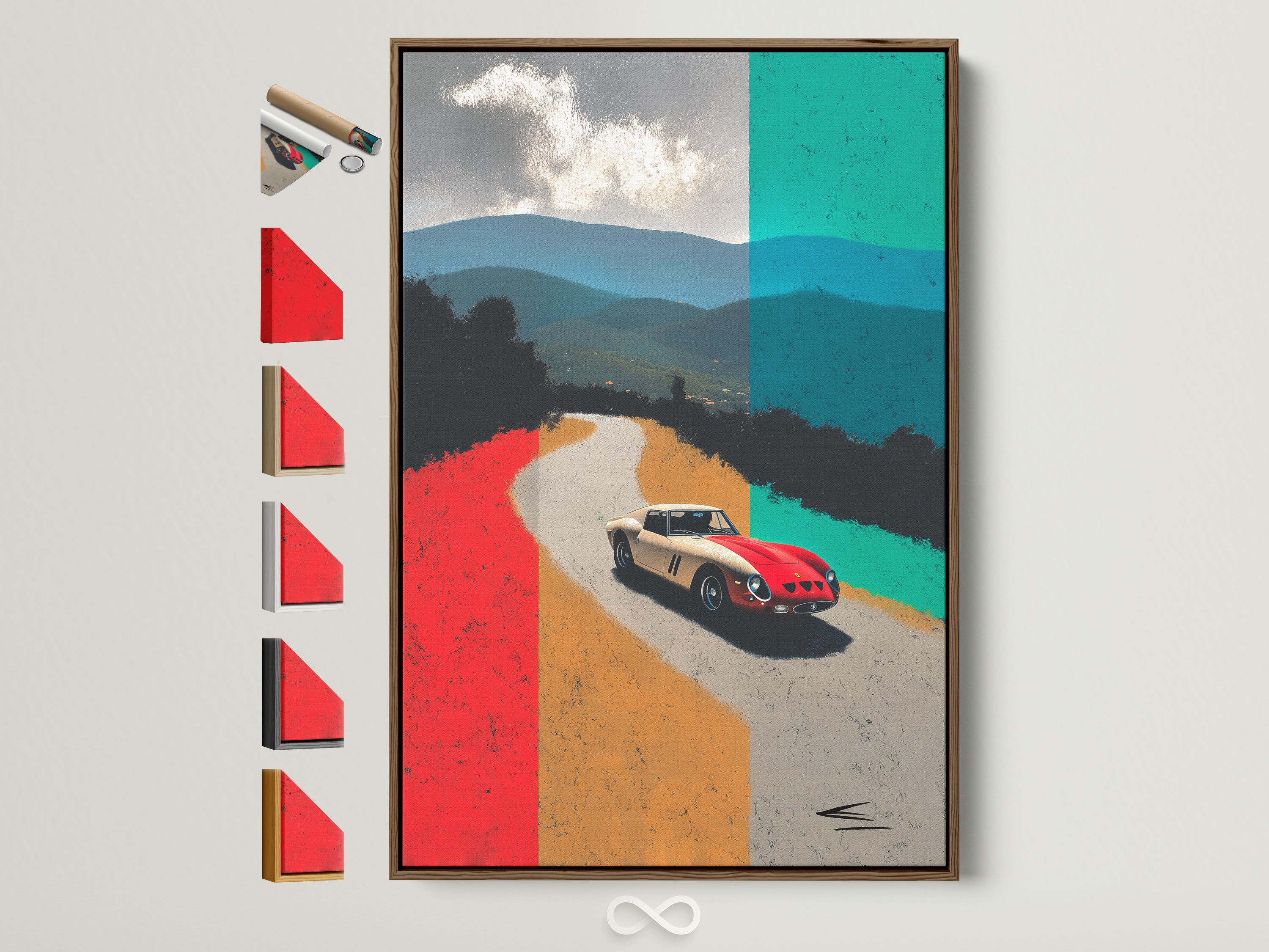 Classic sports car artwork in a brown frame. All frame options are displayed on the side. The artwork features a vintage racing car on a colorful mountain road.  Add mid-century modern elegance to your space. Perfect for car enthusiasts and collectors.