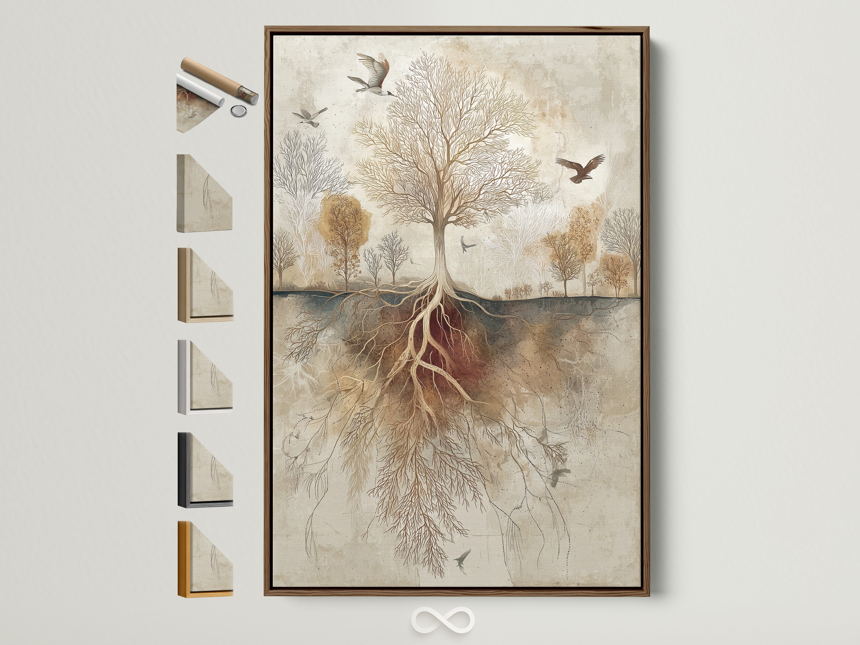 Explore framed art options. This artwork features a tree with birds in a brown frame. See all available frame styles. Customize art to match your decor. Find the perfect frame for your artwork. Showcase art in style with our framing choices. This art piece adds elegance to any room.