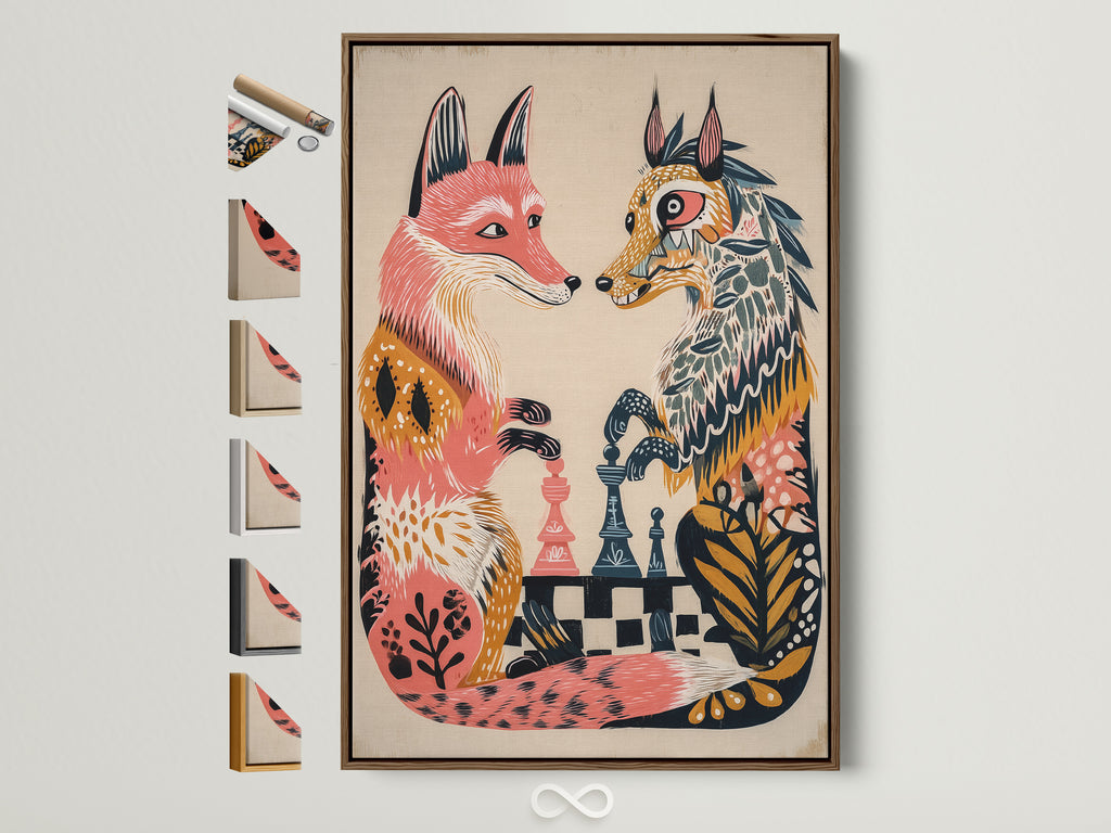 Framed fox chess game artwork with a brown frame. The artwork features two stylized foxes. They are poised over a chess board. Frame options are displayed to the side showcasing the variety available.