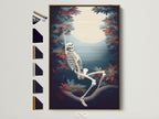 Skeleton Canvas Print in a brown frame. Gothic Wall Art is displayed with all frame options available. Shop spooky season wall art for your gothic home. Macabre artwork with autumn leaves.
