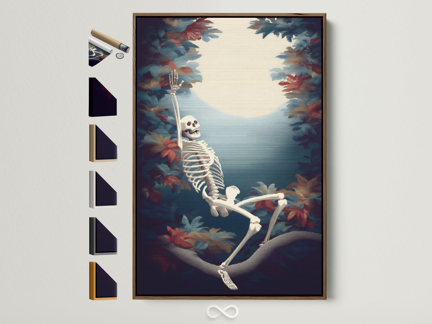 Skeleton Canvas Print in a brown frame. Gothic Wall Art is displayed with all frame options available. Shop spooky season wall art for your gothic home. Macabre artwork with autumn leaves.